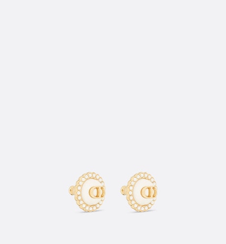 Petit CD Stud Earrings • Gold-Finish Metal with White Resin Pearls and Latte Glass