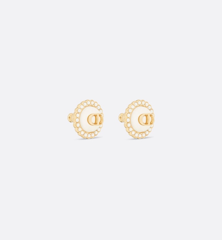 Petit CD Stud Earrings • Gold-Finish Metal with White Resin Pearls and Latte Glass