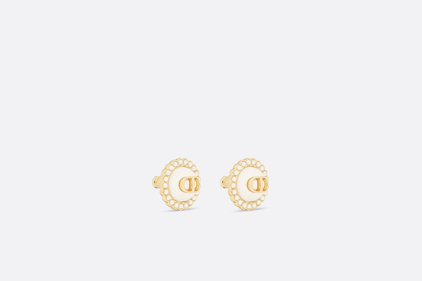 Petit CD Stud Earrings • Gold-Finish Metal with White Resin Pearls and Latte Glass