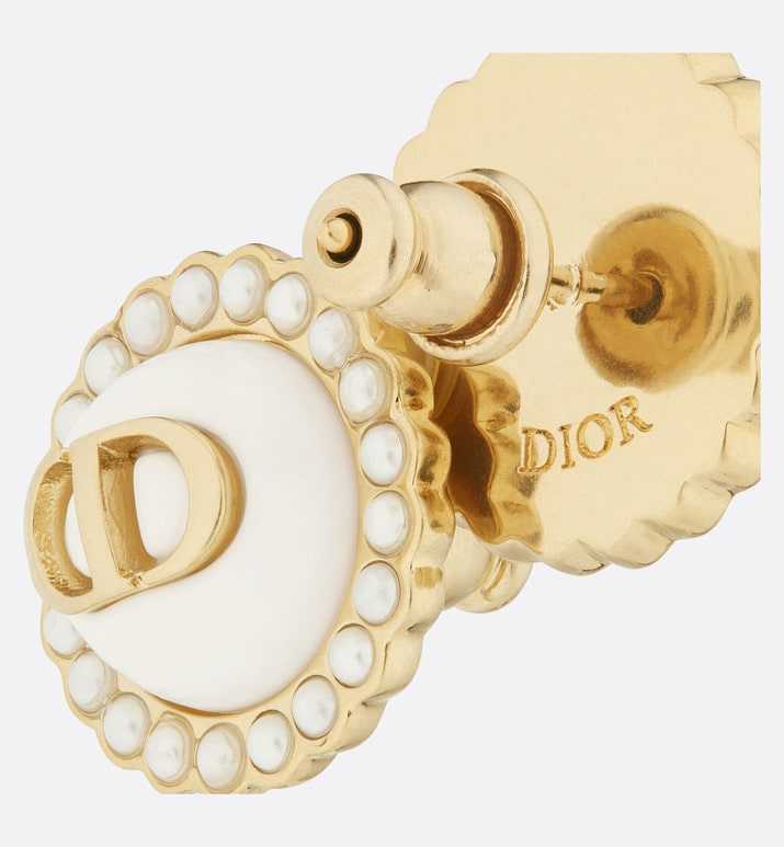 Petit CD Stud Earrings • Gold-Finish Metal with White Resin Pearls and Latte Glass