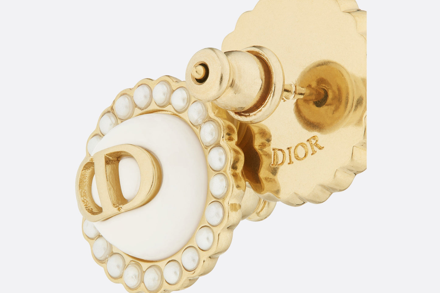 Petit CD Stud Earrings • Gold-Finish Metal with White Resin Pearls and Latte Glass