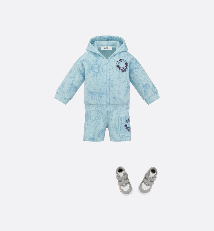 Baby Shorts • Light Blue Cotton Fleece with Faded Toile de Jouy Print