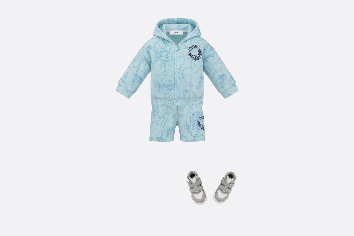 Baby Shorts • Light Blue Cotton Fleece with Faded Toile de Jouy Print