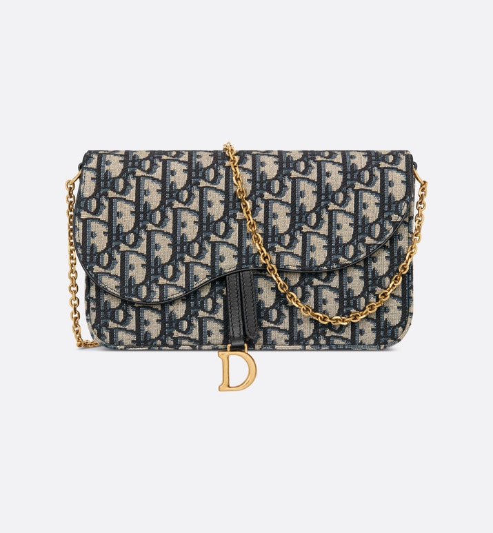 Saddle Pouch with Chain • Blue Dior Oblique Jacquard