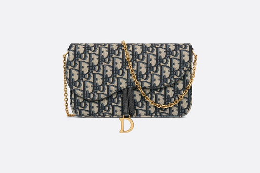 Saddle Pouch with Chain • Blue Dior Oblique Jacquard