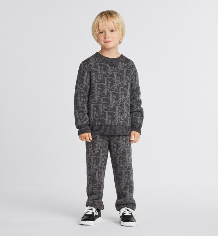 Kid's Track Pants • Deep Gray and Gray Dior Oblique Wool and Cashmere-Blend Knit Jacquard