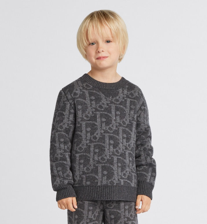 Kid's Sweater • Deep Gray and Gray Dior Oblique Wool and Cashmere-Blend Knit Jacquard