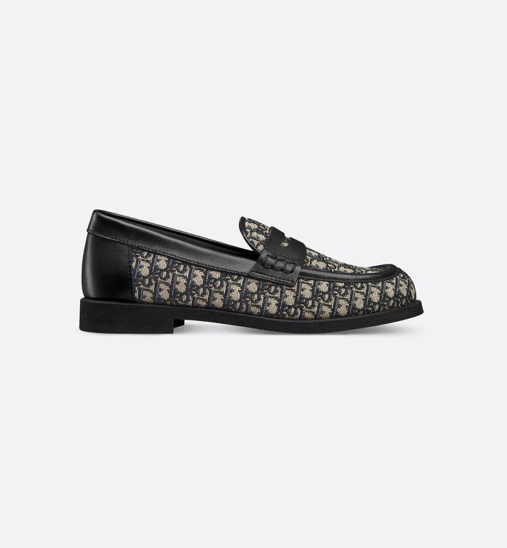 Kid's Loafer • Beige and Blue Dior Oblique Jacquard and Black Smooth Calfskin