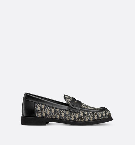 Kid's Loafer • Beige and Blue Dior Oblique Jacquard and Black Smooth Calfskin