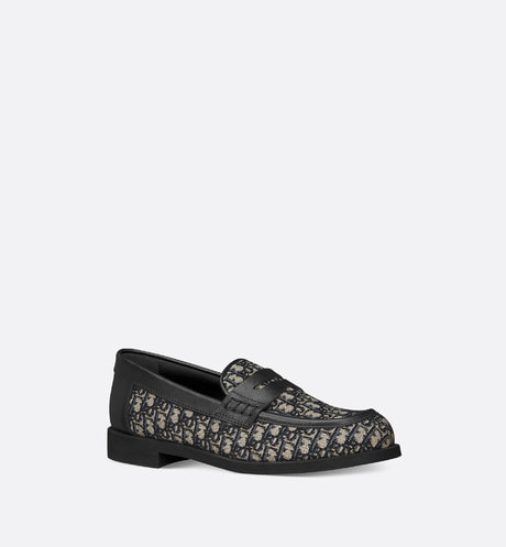 Kid's Loafer • Beige and Blue Dior Oblique Jacquard and Black Smooth Calfskin