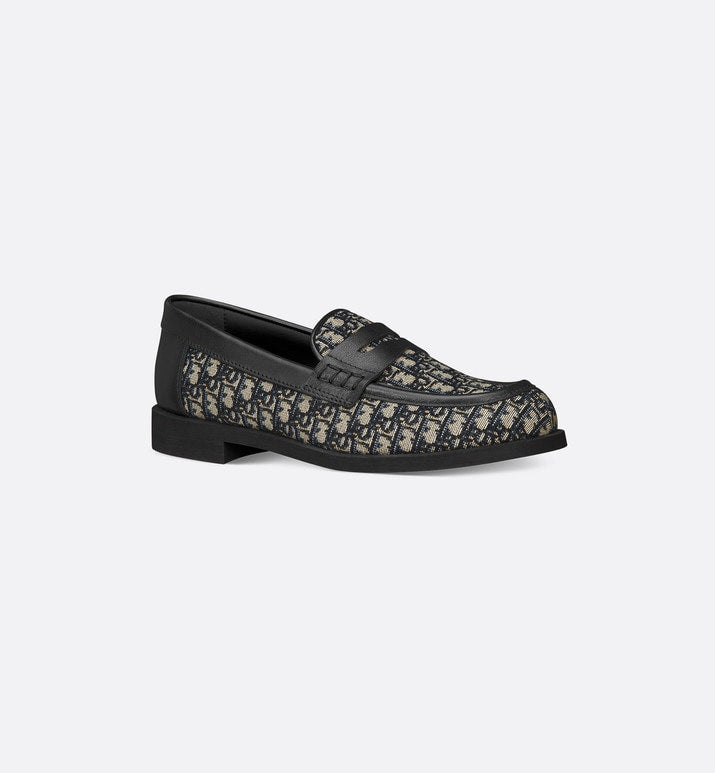 Kid's Loafer • Beige and Blue Dior Oblique Jacquard and Black Smooth Calfskin