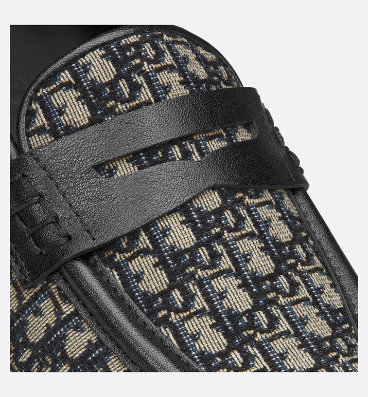 Kid's Loafer • Beige and Blue Dior Oblique Jacquard and Black Smooth Calfskin