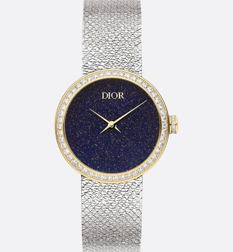 La D de Dior Satine • Ø 25 mm, Steel, Yellow Gold, Aventurine and Mother-of-Pearl