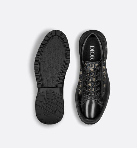 Dior Combat Derby Shoe • Black Polished Calfskin with Beige and Black Dior Oblique Jacquard