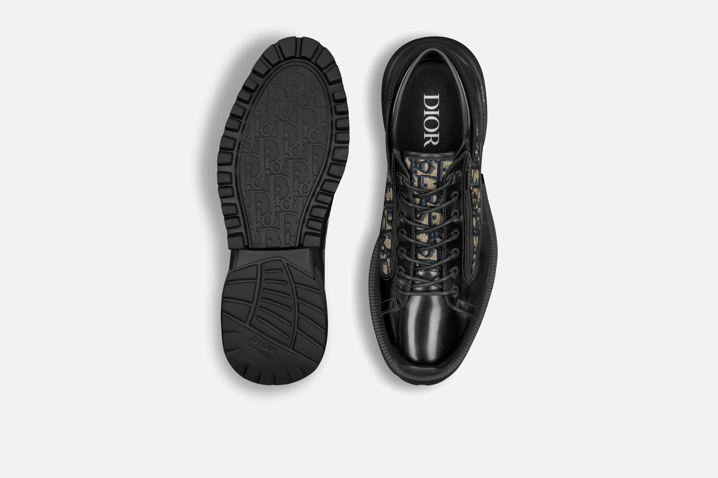 Dior Combat Derby Shoe • Black Polished Calfskin with Beige and Black Dior Oblique Jacquard