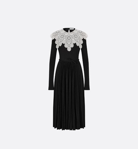 Mid-Length Pleated Dress • Black Technical Jersey and White Lace