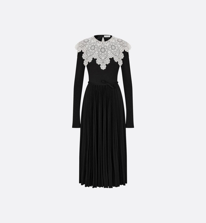 Mid-Length Pleated Dress • Black Technical Jersey and White Lace
