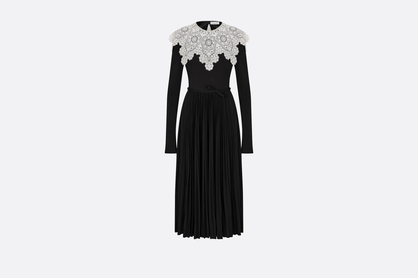 Mid-Length Pleated Dress • Black Technical Jersey and White Lace