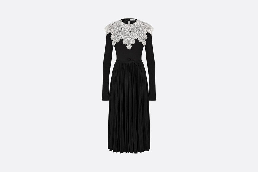 Mid-Length Pleated Dress • Black Technical Jersey and White Lace