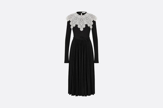 Mid-Length Pleated Dress • Black Technical Jersey and White Lace