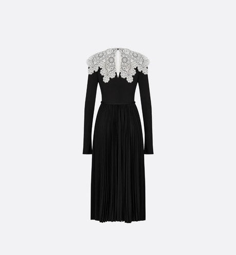 Mid-Length Pleated Dress • Black Technical Jersey and White Lace