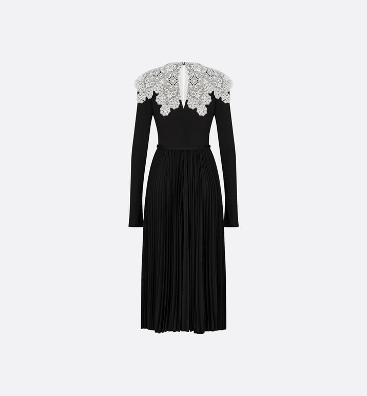 Mid-Length Pleated Dress • Black Technical Jersey and White Lace