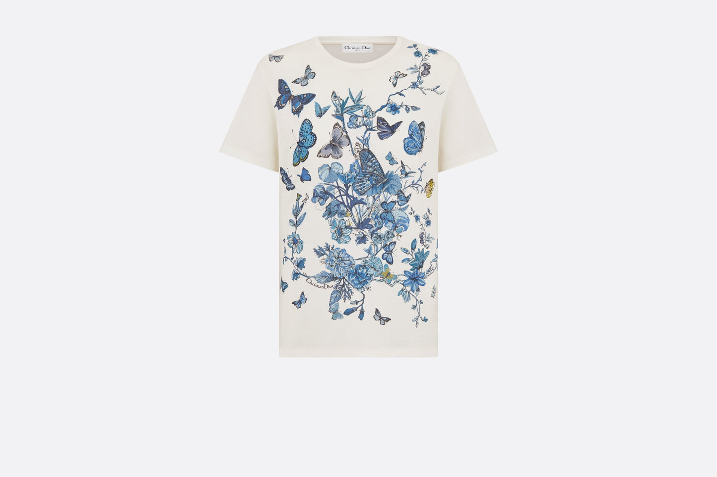 T-Shirt • White Cotton Jersey with Pastel Midnight Blue Toile de Jouy Mexico Motif
