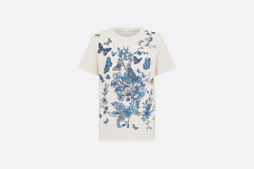 T-Shirt • White Cotton Jersey with Pastel Midnight Blue Toile de Jouy Mexico Motif