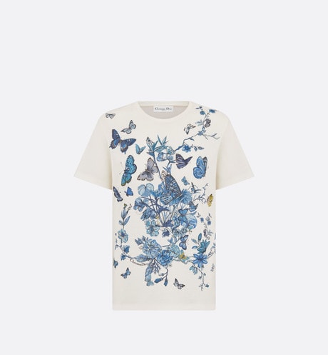 T-Shirt • White Cotton Jersey with Pastel Midnight Blue Toile de Jouy Mexico Motif