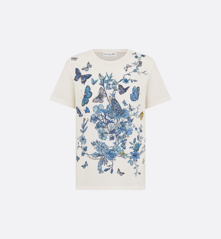 T-Shirt • White Cotton Jersey with Pastel Midnight Blue Toile de Jouy Mexico Motif