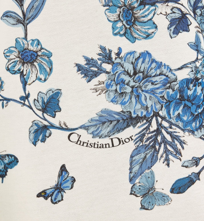 T-Shirt • White Cotton Jersey with Pastel Midnight Blue Toile de Jouy Mexico Motif