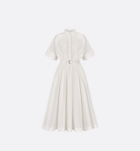 Mid-Length Belted Macrocannage Dress • Ecru Cotton