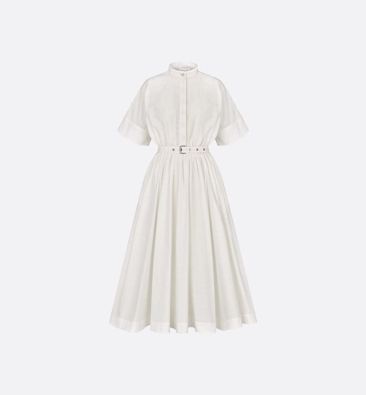 Mid-Length Belted Macrocannage Dress • Ecru Cotton