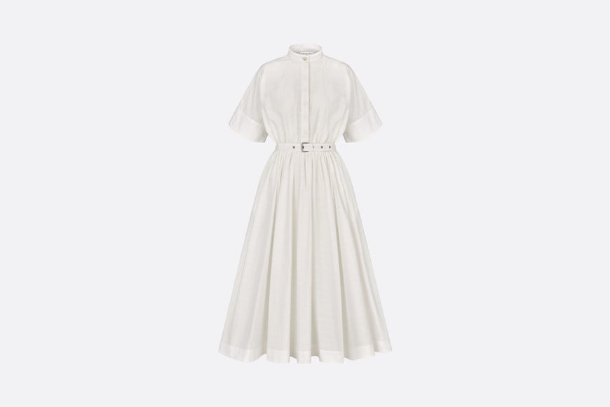Mid-Length Belted Macrocannage Dress • Ecru Cotton