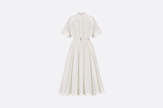 Mid-Length Belted Macrocannage Dress • Ecru Cotton