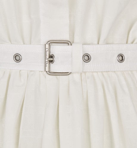 Mid-Length Belted Macrocannage Dress • Ecru Cotton