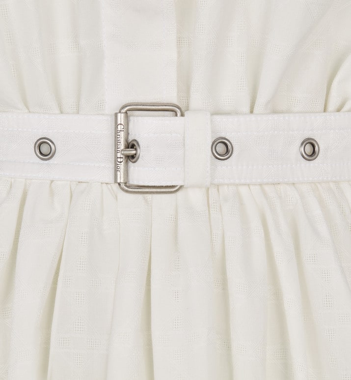 Mid-Length Belted Macrocannage Dress • Ecru Cotton