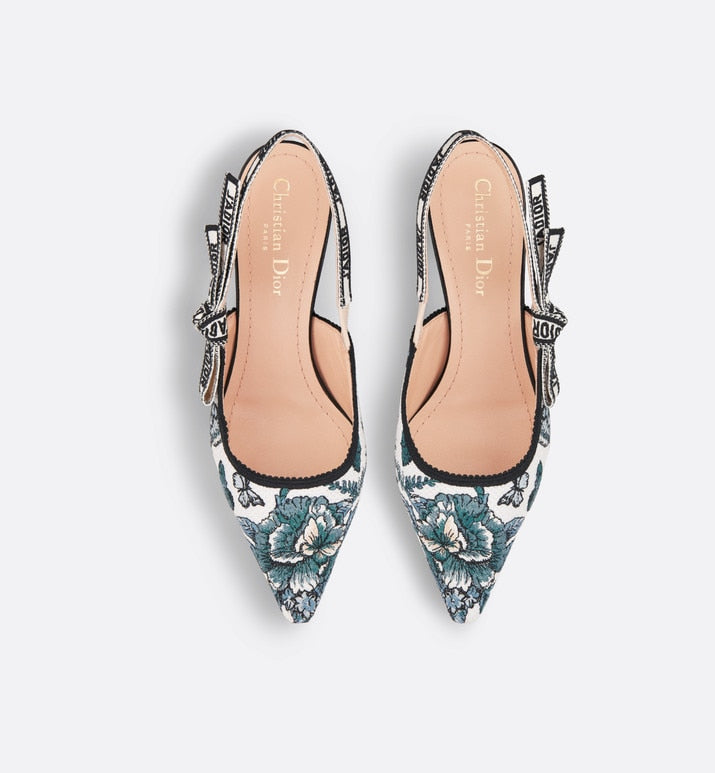 J'Adior Slingback Pump • Pastel Midnight Blue Multicolor Embroidered Cotton with Toile de Jouy Mexico Motif