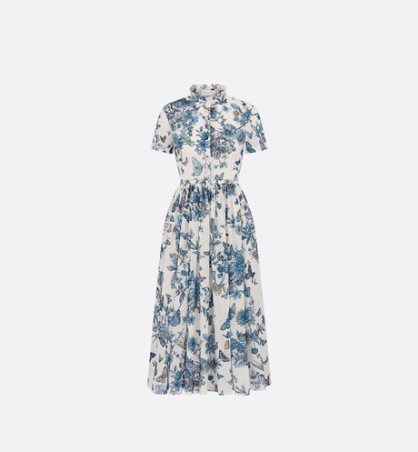 Mid-Length Shirt Dress • White and Pastel Midnight Blue Cotton Voile with Toile de Jouy Mexico Motif