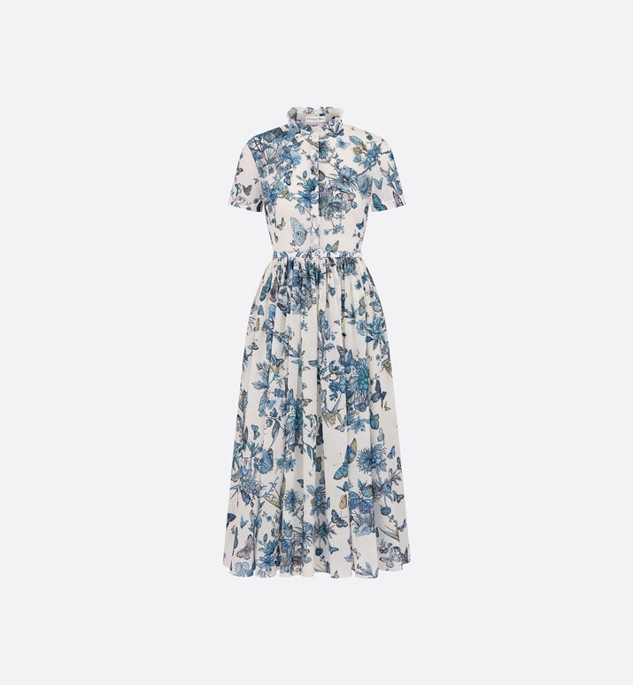 Mid-Length Shirt Dress • White and Pastel Midnight Blue Cotton Voile with Toile de Jouy Mexico Motif