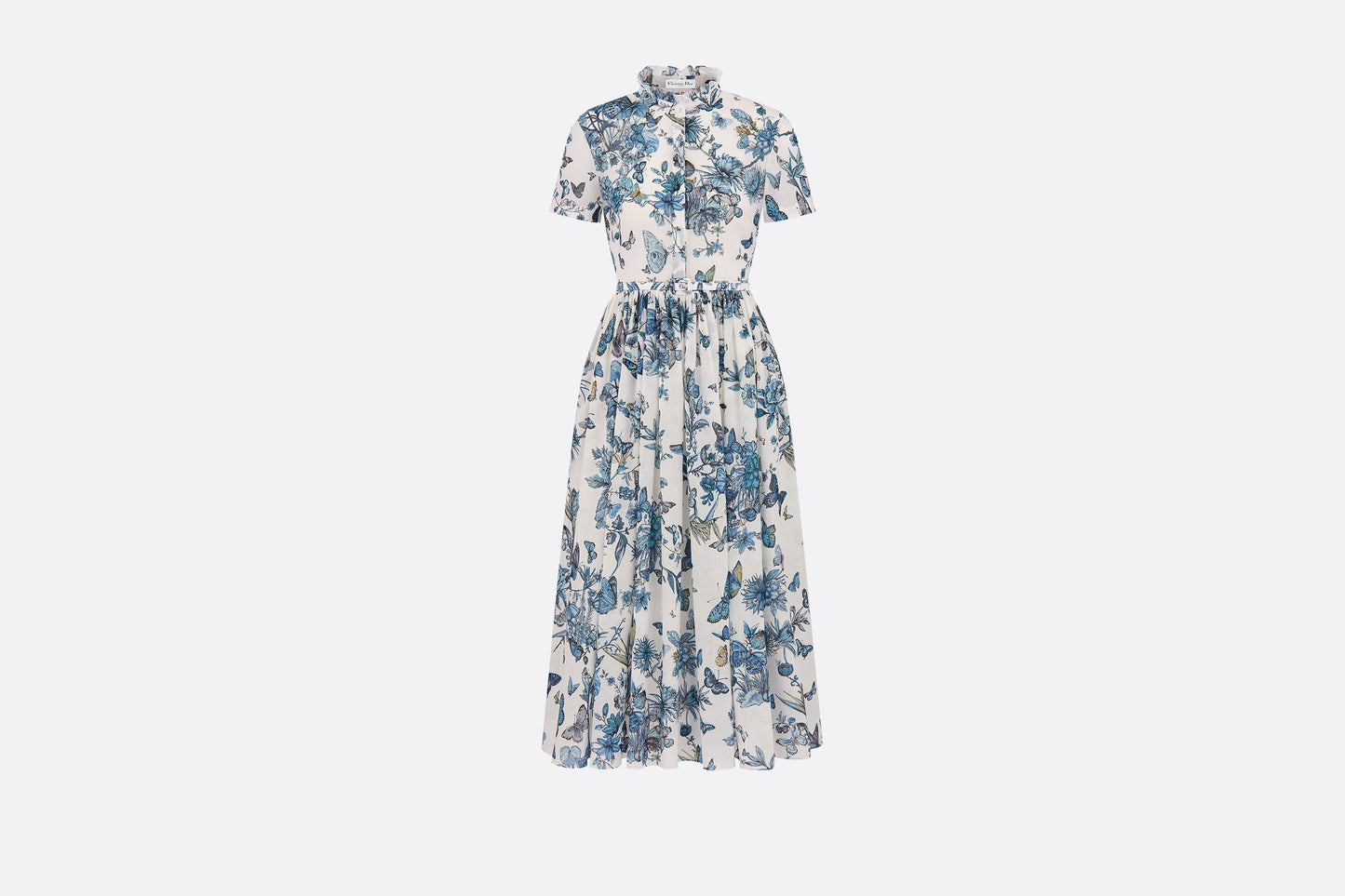Mid-Length Shirt Dress • White and Pastel Midnight Blue Cotton Voile with Toile de Jouy Mexico Motif