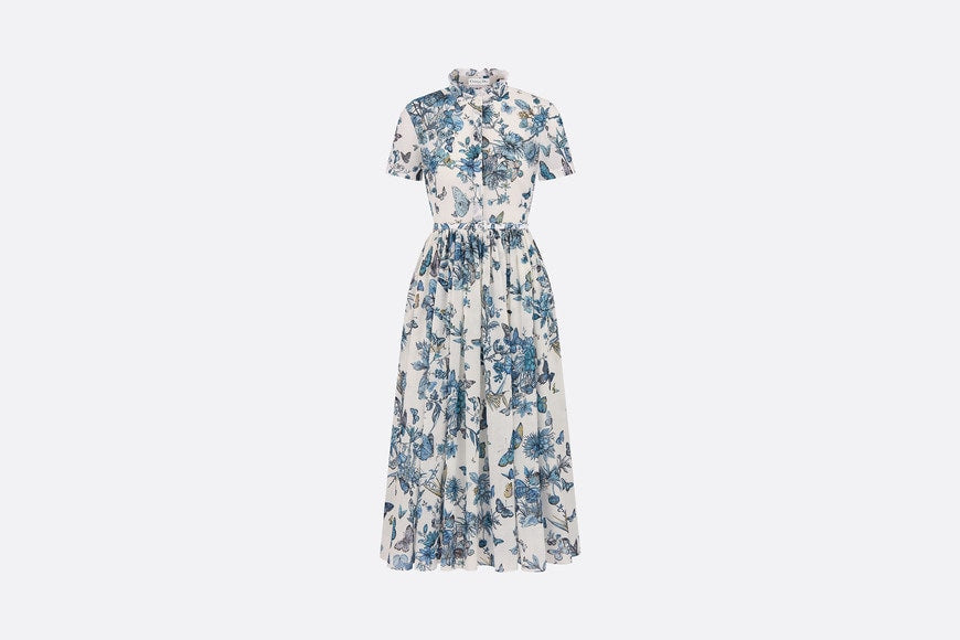 Mid-Length Shirt Dress • White and Pastel Midnight Blue Cotton Voile with Toile de Jouy Mexico Motif