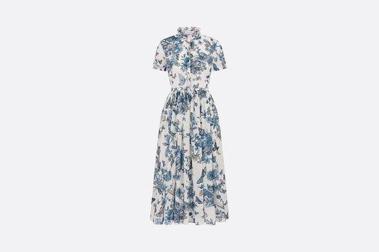 Mid-Length Shirt Dress • White and Pastel Midnight Blue Cotton Voile with Toile de Jouy Mexico Motif