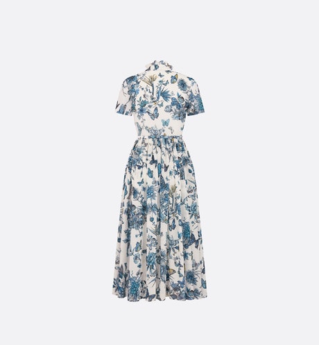 Mid-Length Shirt Dress • White and Pastel Midnight Blue Cotton Voile with Toile de Jouy Mexico Motif