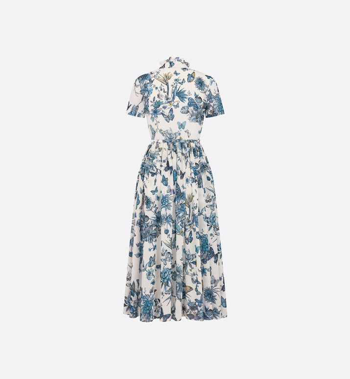 Mid-Length Shirt Dress • White and Pastel Midnight Blue Cotton Voile with Toile de Jouy Mexico Motif