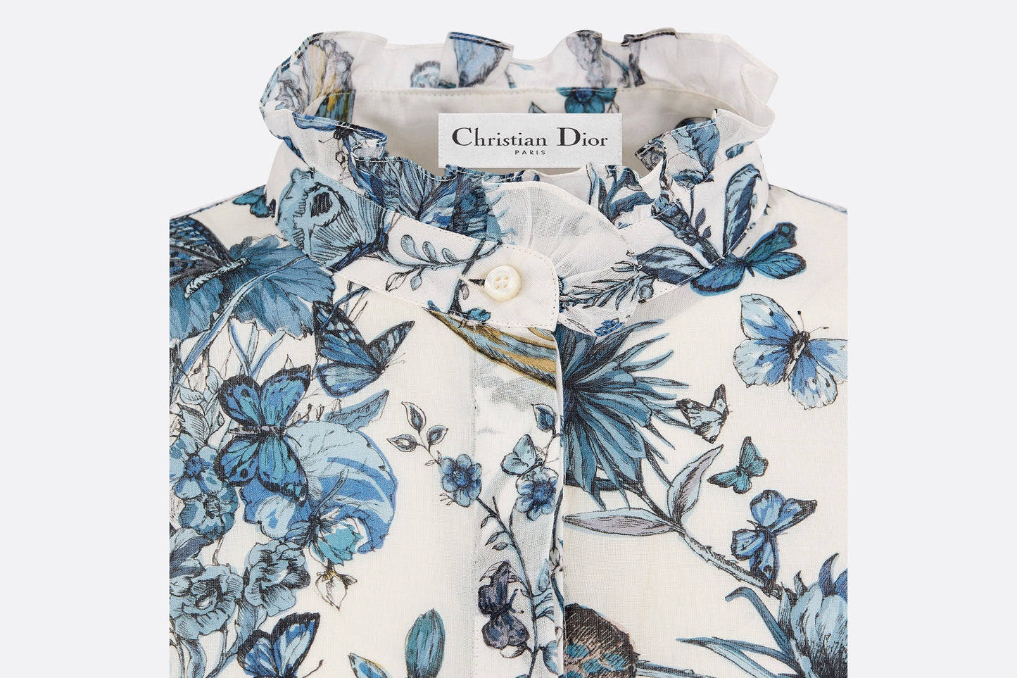 Mid-Length Shirt Dress • White and Pastel Midnight Blue Cotton Voile with Toile de Jouy Mexico Motif