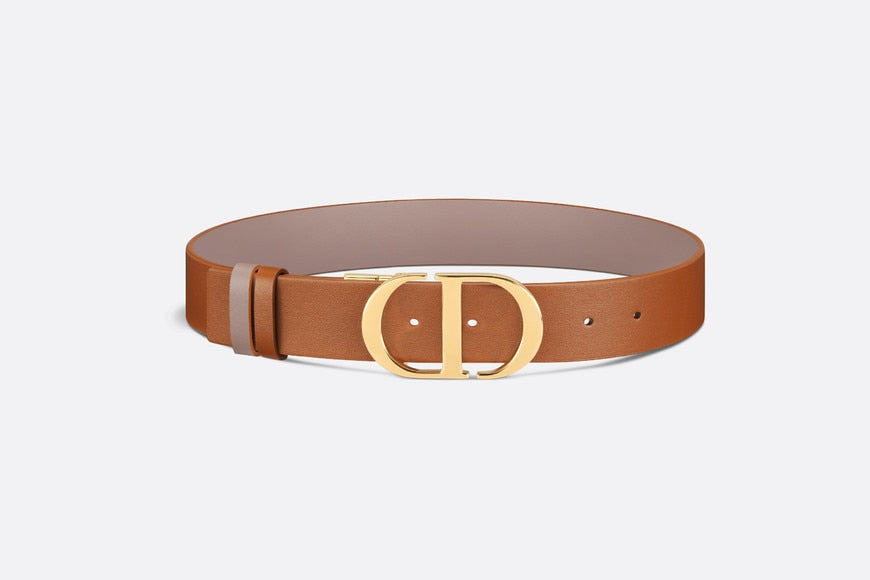 30 Montaigne Reversible Belt • Golden Saddle and Warm Taupe Smooth Calfskin, 35 MM