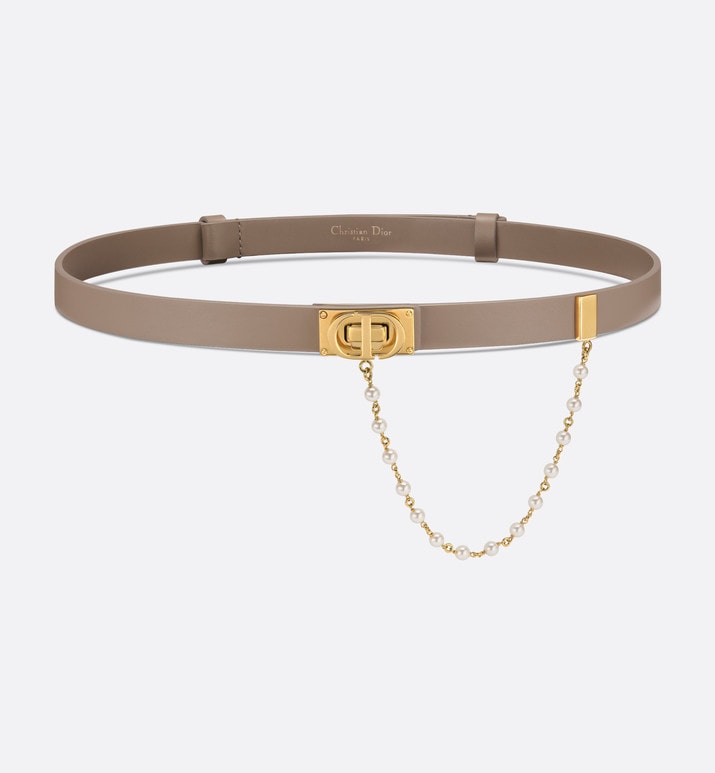Dior Caro Belt • Warm Taupe Smooth Calfskin and White Glass Pearls, 20 MM