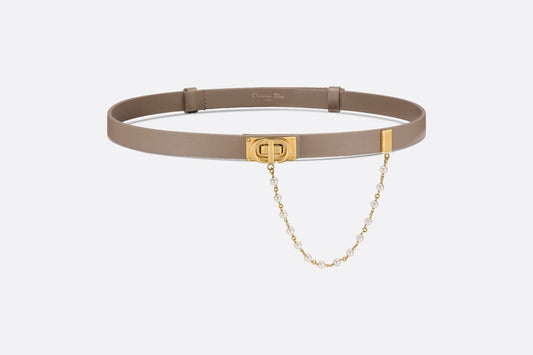 Dior Caro Belt • Warm Taupe Smooth Calfskin and White Glass Pearls, 20 MM