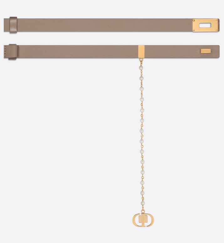 Dior Caro Belt • Warm Taupe Smooth Calfskin and White Glass Pearls, 20 MM